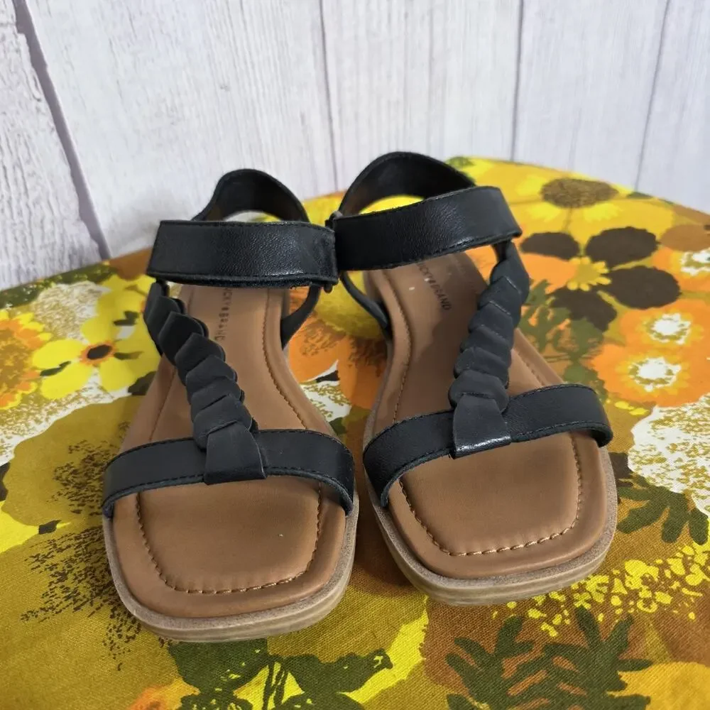 Lucky Brand Natany Black Leather Flat Sandals Braided T Strap Ankle - Size 6